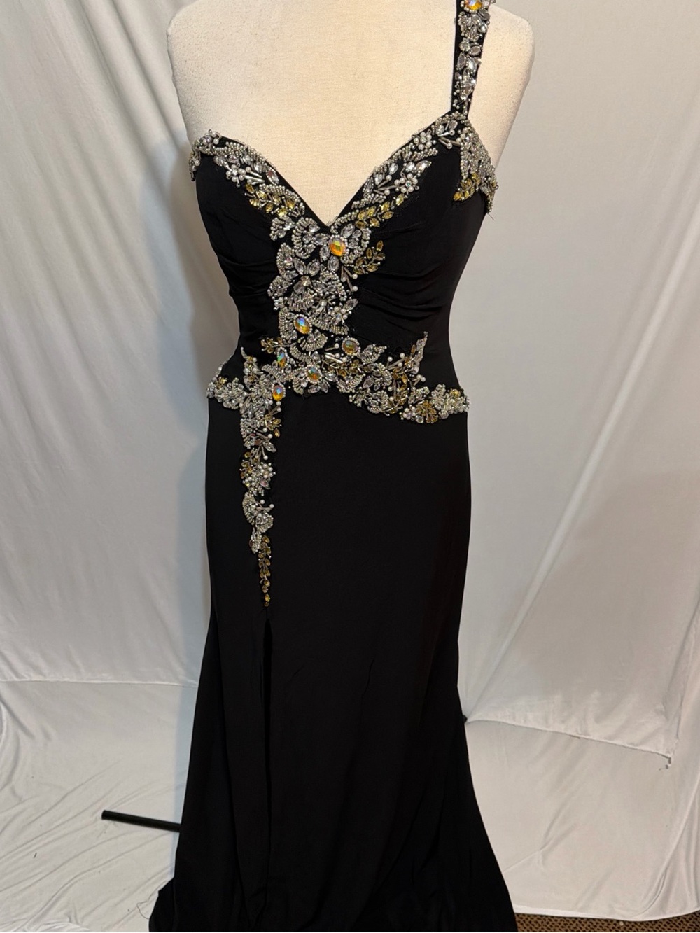 May Queen Black One-Shoulder Evening Gown with Silver & Gold Embellishments